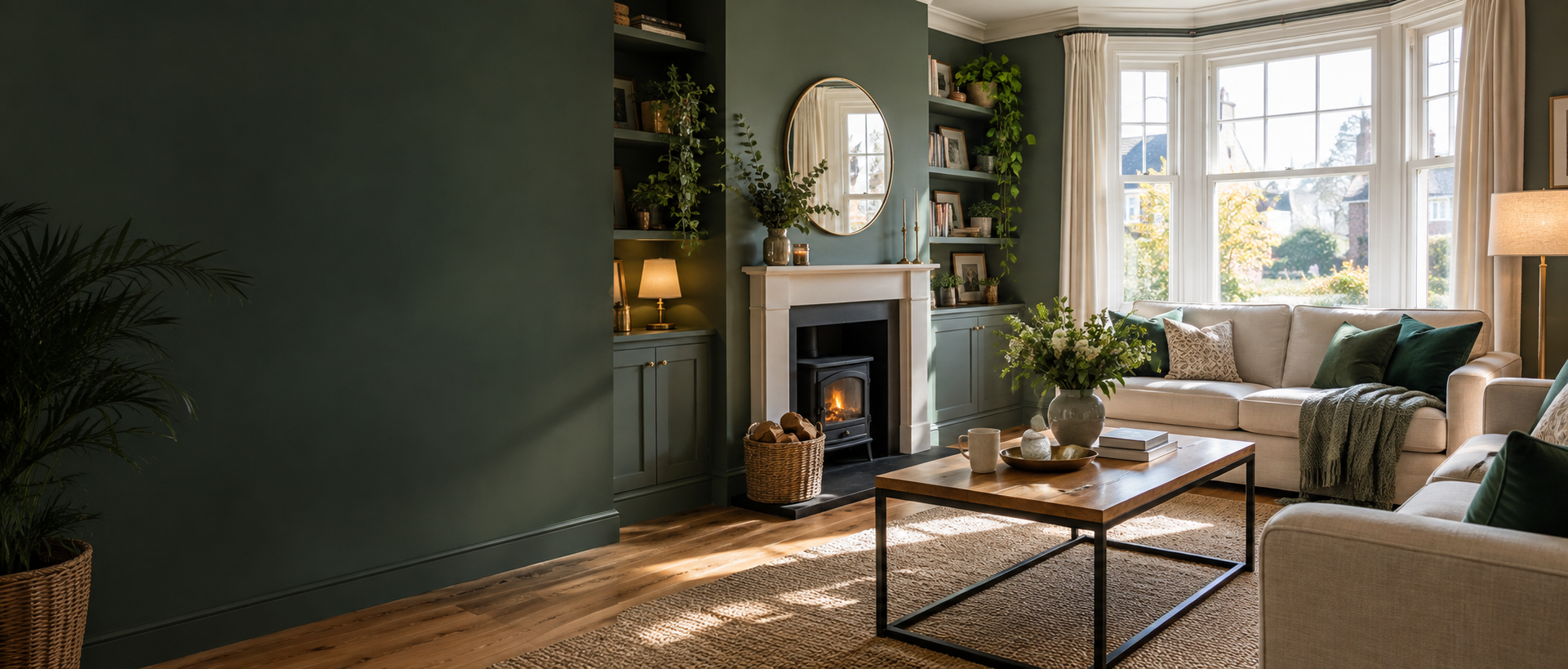 A bright, beautifully clean living room with green accents